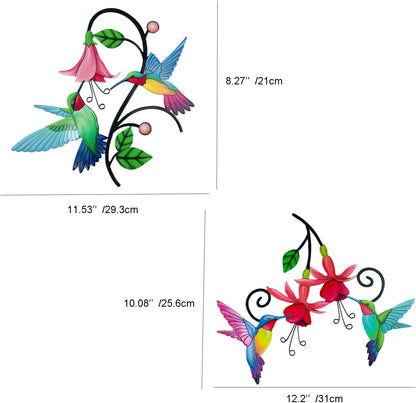 2 Pack Metal Hummingbird & Flower Outdoor Wall Art Decor, Creative Wall Decor for Patio, Fence, Deck, Garden, Home, Kitchen, Balcony
