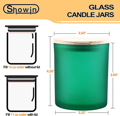 SHOWIN 14 OZ Thick Candle Jars for Making Candles 12 Pcs, 3 Wick Empty Jars with Wood Lids for Candle Making, Sample Container, Frosted Green