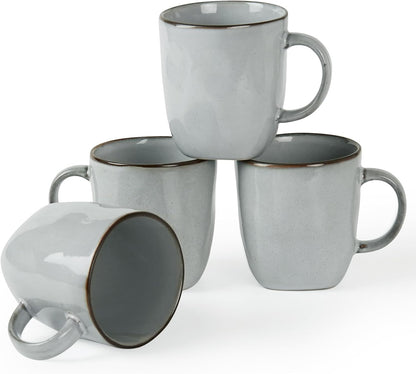 famiware Coffee Mugs Set of 4, Ocean Square 13oz Coffee Cup Set with Handle for Cocoa, Milk, Hot Chocolate, Tea, Water, Stoneware Cups for Kitchen, Microwave and Dishwasher Safe, Grey