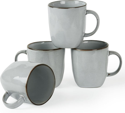 famiware Coffee Mugs Set of 4, Ocean Square 13oz Coffee Cup Set with Handle for Cocoa, Milk, Hot Chocolate, Tea, Water, Stoneware Cups for Kitchen, Microwave and Dishwasher Safe, Grey
