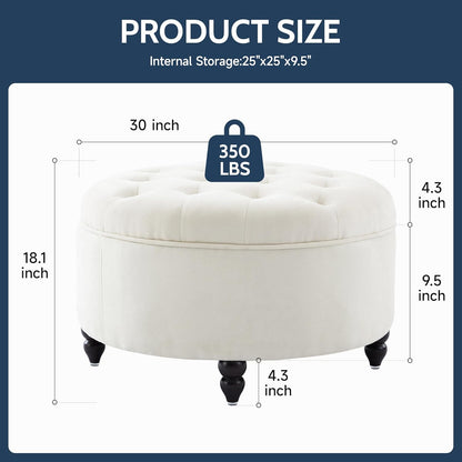 30-Inch Large Round Ottoman, Tufted Coffee Table with Removable Lid Top, Upholstered Footrest Modern Button Circle Storage Ottoman for Living Room, Office, Ivory