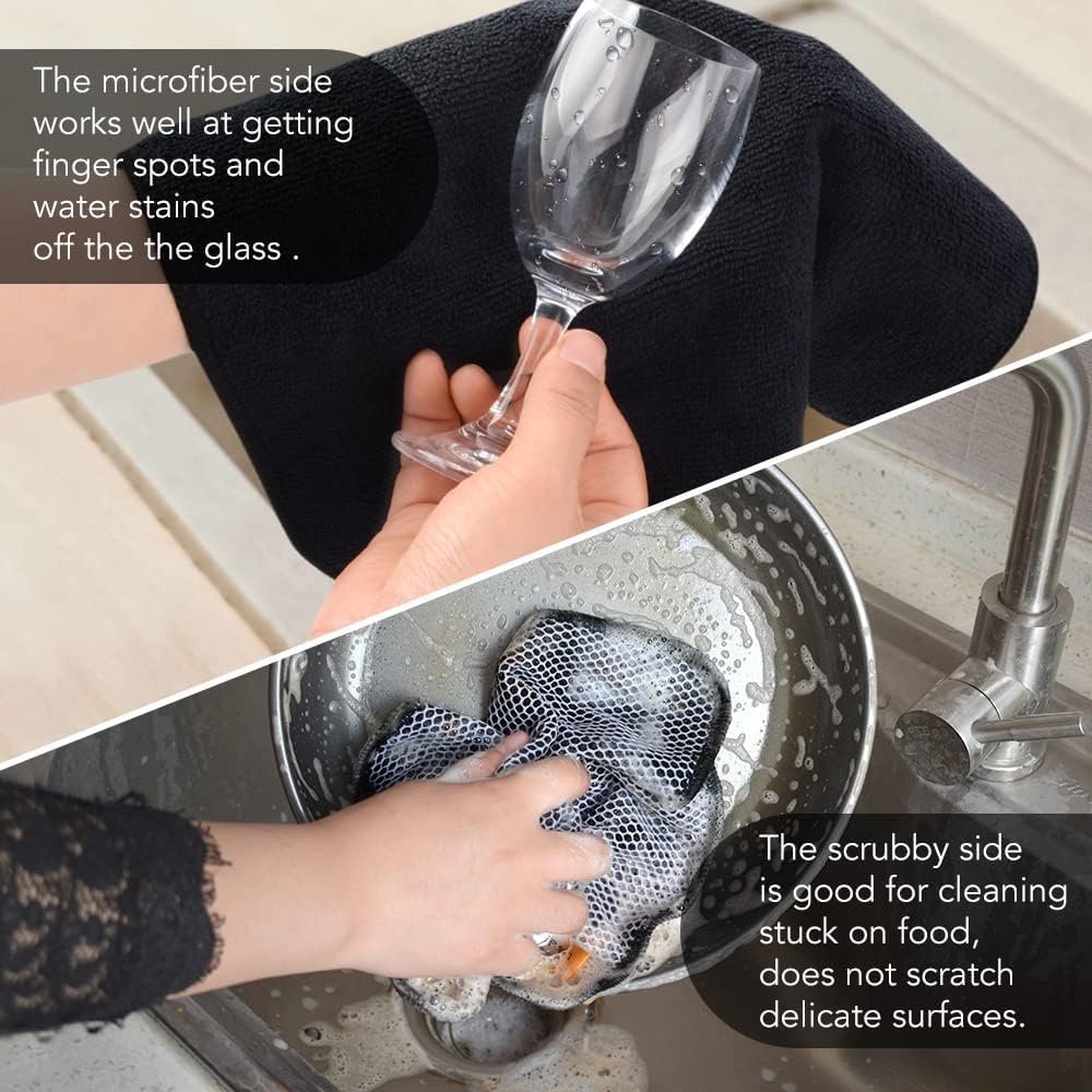 KinHwa Kitchen Washcloths for Dishes Absorbent Microfiber Dish Cloths Quick Dry Dish Rags with Poly Scour Scrub Side Ideal for Kitchen Cleaning (Black, 12inchx12inch 9 Pack)