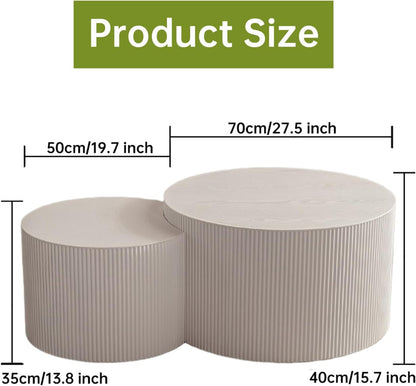 Round Nesting Coffee Table Modern White Fluted Coffee Table Set of 2 for Living Room Circle Drum Coffee Tables Round Nesting Tables Crescent Side Accent End Table for Small Space (White A 27in)