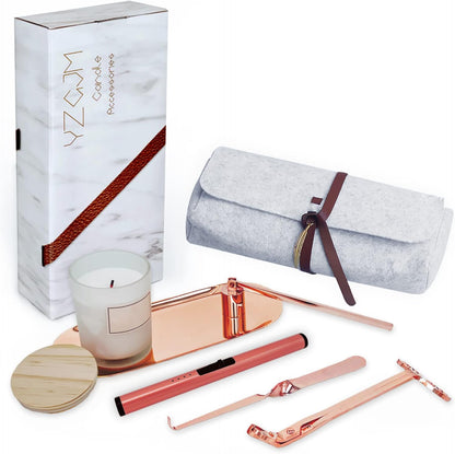 Exquisite Candle Accessories Tool Pack Bag, Rechargeable Electric Lighter， Wick Trimmer, Dipper, Snuffer and Tray Holder Elegant Kit Gift for Candle Lovers in Dating, Valentines Decor. (Rose Gold)
