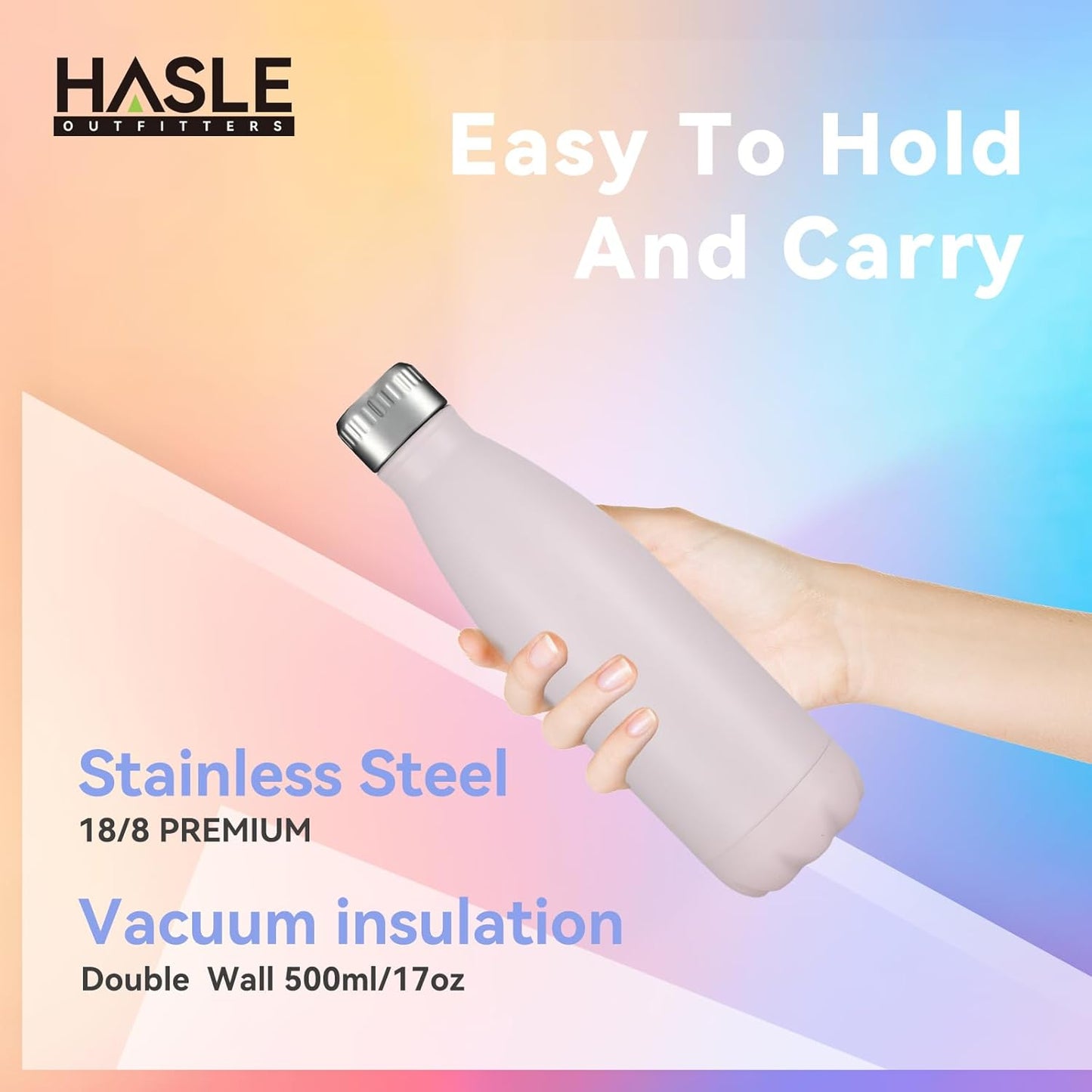 HASLE OUTFITTERS 17oz Stainless Steel Water Bottles, Vacuum Insulated Water Bottles Double Walled Powder Coated Reusable Metal Sports Water Bottles Keep Drinks Hot and Cold, Pink, 1Pack