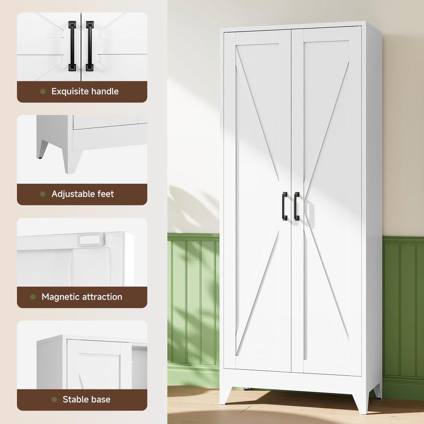 Letaya Storage Cabinet,75" H Metal Kitchen Pantry Cabinets with Doors and Adjustable Shelves,Pantry Organizers for for Cupboard/Office/Garage Room,White