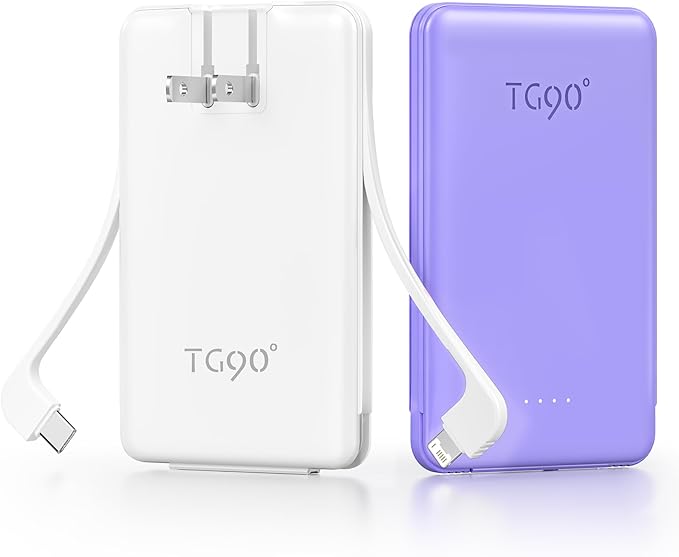 TG90° 2 Pack 5000mAh Power Bank,Small Portable Charge Built-in AC Plug and Cables,Pocket Size USB C External Battery Pack Compatible with iPhone 17 16 15 14 13 12 Samsung Google iPad,White & Purple