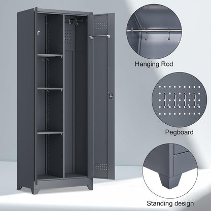 Broom Closet Storage Cabinet, Steel Locking Cabinet with Hanging Rod, 65" Cleaning Storage with Doors and Hooks, Tall Broom Tool Cabinets for Office, Garage