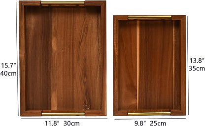 Set of 2 Acacia Wood Serving Trays with Gold Metal Handles for Food Serving, Appetizers & Snacks - Ideal for Bed, TV, Ottoman or Coffee Table Décor, Home Decoration Accessory 15.75x11.8 Inch