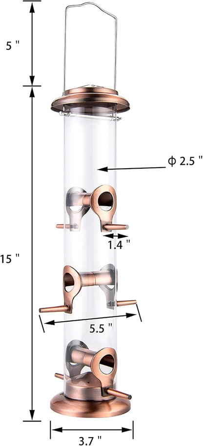 iBorn Metal Bird Feeders Brushed Copper Wild Bird Feeder for Outdoors Hanging All Metal Brushed Copper Finishing 14 Inch 6 Port,Pack of 2