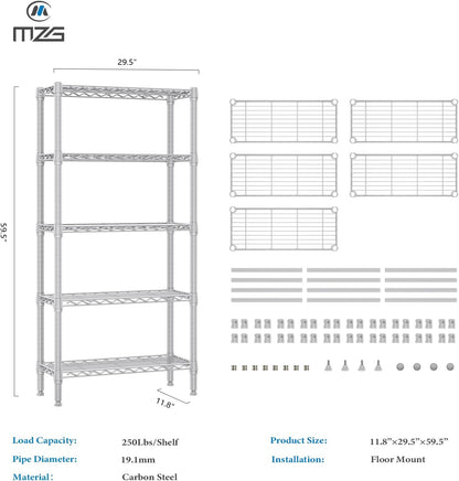 1250 lbs 5 Tier Shelf Metal Storage Shelves Wire Rack Closet Organizers for Garage Kitchen Bathroom Laundry White 11.8" D x 29.5" W x 59.5" H