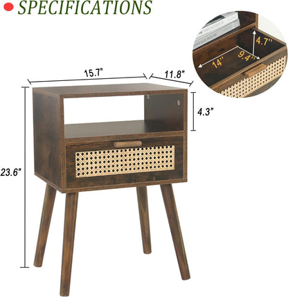 MaxSmeo Mid Century Nightstand, Rattan Side Table with Drawer, Wood Modern Bedside Table for Bedroom, Living Room and Small Spaces (Rustic Brown)