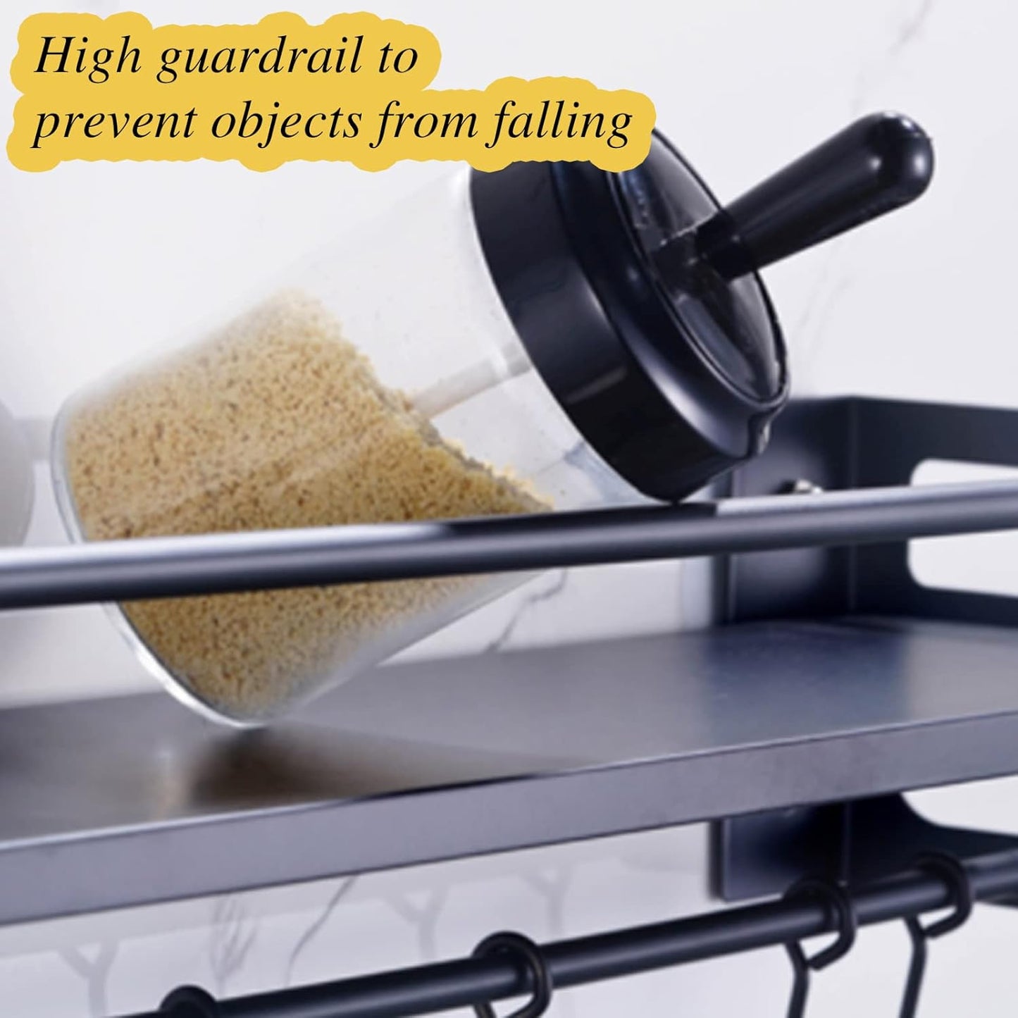 Wall Mount Storage Holder，Stainless Steel Strong Shelf with 6 Removable Hooks, Spice Rack Organizer，Kitchen Organizer Shelf, Space Saving Spice Rack and Kitchen Storage (black)