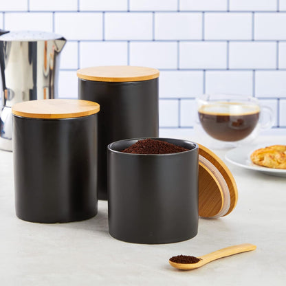 Farmlyn Creek Set of 3 Matte Black Kitchen Canister with Airtight Wooden Bamboo Lids, Kitchen Counter Containers, Food Storage Jars, Ideal for Storing Sugar, Coffee and Other Dry Goods, (3 Sizes)
