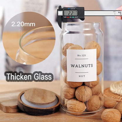 5 Set Glass Pantry Storage Jars with Acacia Airtight Lid - Thicken Glass Kitchen Canisters with 132 Pantry Labels - Clear Glass Food Storage Containers with Wood Lid for Tea,Sugar,Candy,Cookie,Pasta