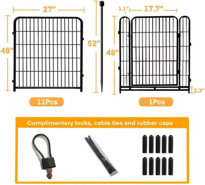 Tall Garden Fence with Gate 48 in(H)×27 in(L) 12 Panels Total 26.6 Ft(L), Garden Fencing to Keep Dogs Out, Heavy Duty Iron Metal Animal Barrier Fence, Flower Bed Fencing