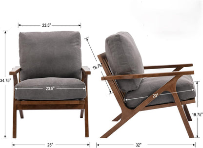 HNY Mid Century Arm Chair, Upholstered Accent Armchair with Wood Frame and Canvas Cushions, Leisure Reading Chair Slipper Chair for Living Room, Bedroom, Gray