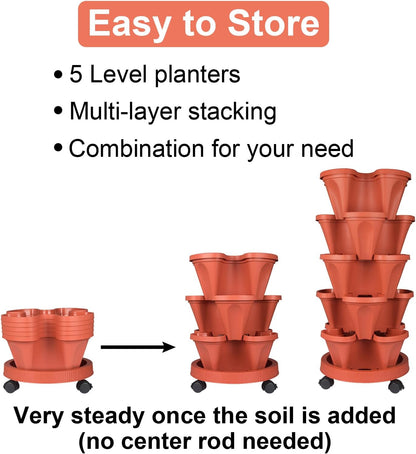 DUNCHATY Stackable Planters 5 Tier Vertical Garden Planting Tower Planters Strawberry, Herb, Flower, and Vegetable Planter Indoor Outdoor Gardening Pots with Removable Wheels and Tools