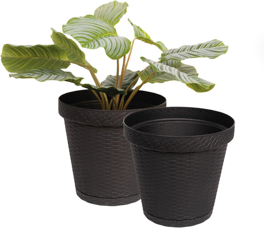 Elly Décor Set of 2 12 inch Round Saucer Modern Self Watering Planter Plates, Pots with Rattan-Like Finish, 12x12 Gray