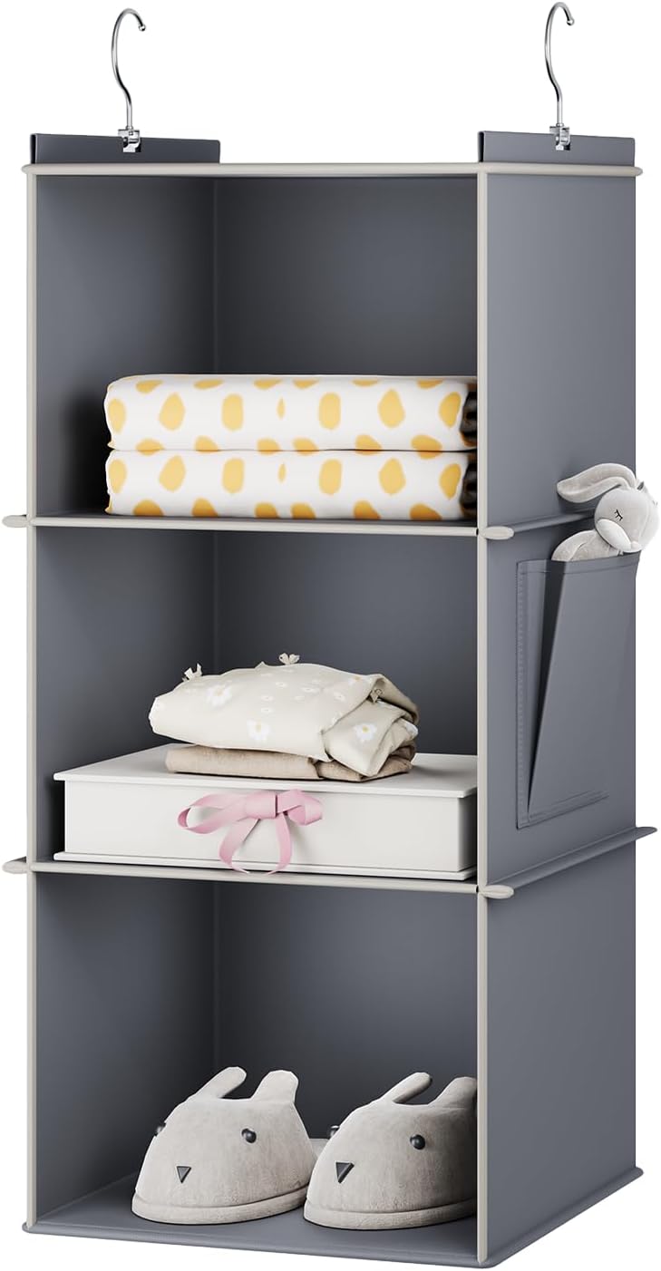 YOUDENOVA Hanging Closet Organizer, 3-Shelf Closet Hanging Storage Shelves, Grey