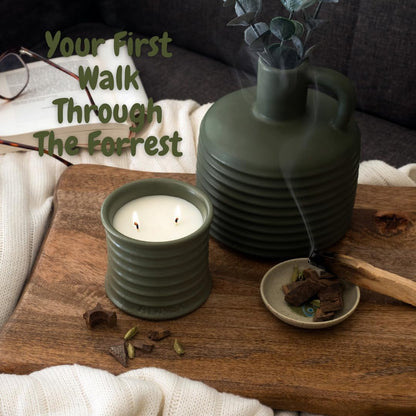 Scented Luxury Candles in Handmade Ceramic Jars, Soy Wax | Woody Wood – Oud & Agarwood, Large Candle | Non Toxic, 2 Wicks, Reusable Big Olive Green Jar | Natural Spring Aromatherapy for Women & Men