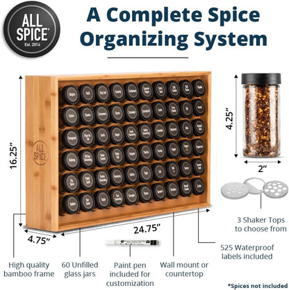 AllSpice Spice Rack Organizer, Wood, 525 Unique Labels, Countertop or Wall Mount, Includes 60 4oz Jars- Bamboo