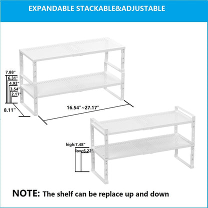Expandable,Adjustable & Stackable Spice Rack, Cabinet Kitchen Countertop Shelf Organizer,Metal Pantry Storage Shelves - Space-Saving Storage Solution(2Packs/White/Medium)