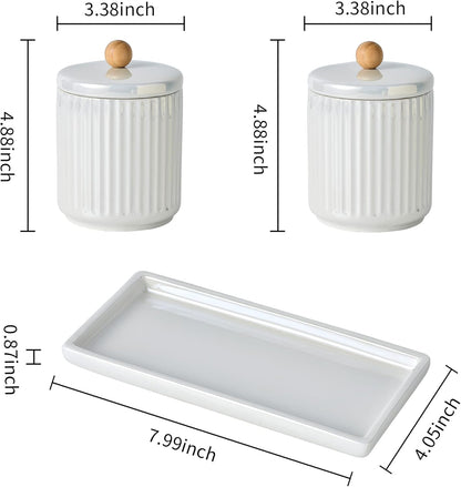 Ceramic Bathroom Canister Set with Coordinating Small Vanity Tray Qtip Holder Dispenser for Cotton Ball,Swab,Pads, Floss, Bathroom Storage Jars with Lids Pearl White