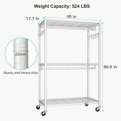 FUTASSI P1 Plus Rolling Clothes Rack, 22mm Diameter Heavy Duty Garment Rack with Wheels, Portable Closet Wardrobe with Double Rods, 45" W x 17.7" D x 80.5" H, Max Load 524 LBS, White