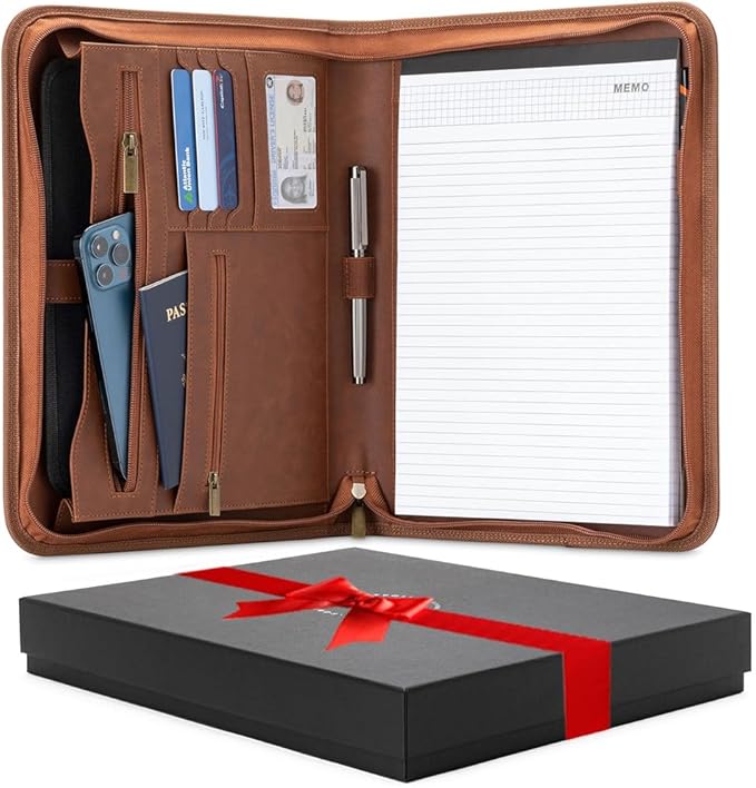 Forevermore Portfolios Padfolio Binder - Professional Faux Leather Travel Organizer Pouch for Tablet, Documents, Presentation Folders, Zipper Closure, Notepad - Brown