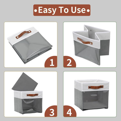 HNZIGE 11x11 Cube Storage Bins for Cube Organizer, Clear Fabric Storage Cubes for Storage Shelves, Collapsible Decorative Storage Bins for Clothes Closet Toys Cubby Storage Bin(White Gray 6 PCS