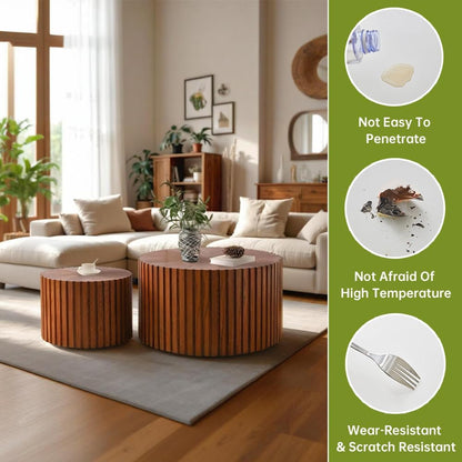 Round Nesting Coffee Table Modern Fluted Coffee Table Set of 2 Stripe Round Coffee Tables Circle Drum Coffee Tables for Living Room (Walnut Small)