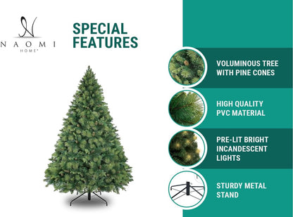 Naomi Home 4.5ft Christmas Tree with Lights, Realistic Traditional Prelit with Pine Cones, Foot Pedal 561 Branch Tips, 300 Warm Lights and Metal Stand, Aritificial Tree
