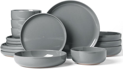 Famiware Milkyway Stoneware Dinnerware Sets with Pasta Bowls, Service for 4 (16 Pieces), Plates and Bowls Sets -Scratch Resistant, Microwave and Dishwasher Safe Dishes Set, Dark Gray
