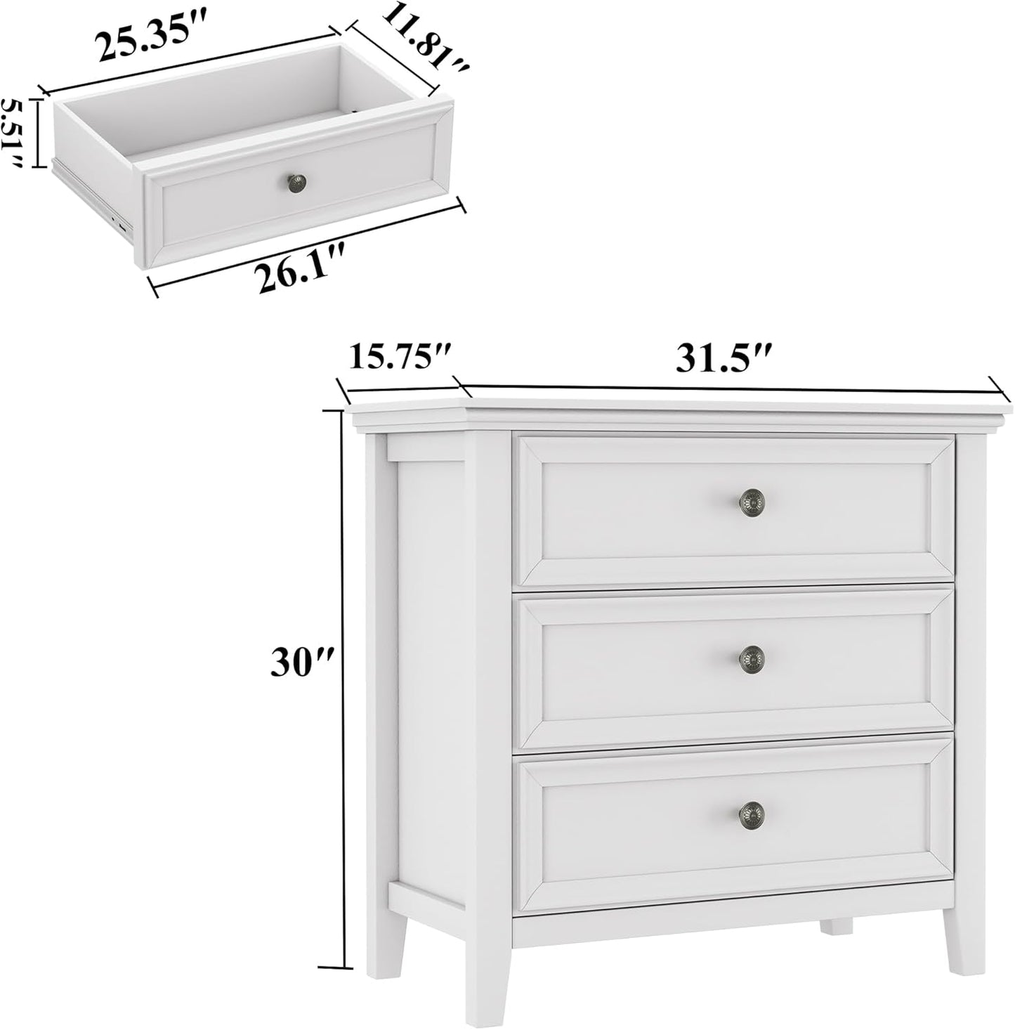 BLANKSPACE White Dresser, 3 Chest Drawer Dresser for Bedroom, Large Capacity Nightstand, Modern Wood Cabinet for Bedroom, Living Room, Closets