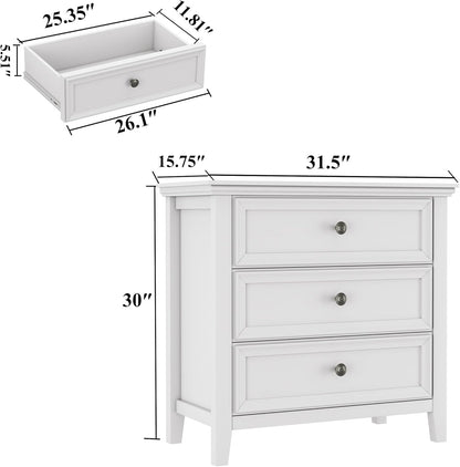 BLANKSPACE White Dresser, 3 Chest Drawer Dresser for Bedroom, Large Capacity Nightstand, Modern Wood Cabinet for Bedroom, Living Room, Closets