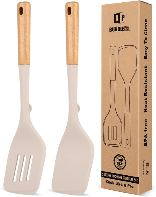 Pack of 2 Large Silicone Spatula, Heat Resistant Solid Turner, Non Stick Slotted Spatulas with Wooden Handle, Ideal Kitchen Utensils for Flipping, Pancakes, Eggs, Fish(KHAKI)