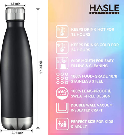 HASLE OUTFITTERS 17oz Stainless Steel Water Bottles Bulk, Vacuum Insulated Water Bottles Double Walled Reusable Metal Sports Water Bottles Keep Drinks Hot and Cold, Black, 4Packs