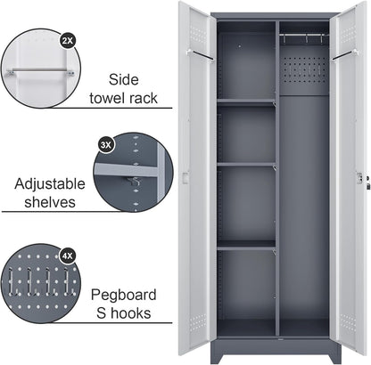 Broom Closet, Metal Storage Cabinet with Hanging Rod, 65" Broom Tool Organizer, Metal Cabinet with Doors and Shelves, Tall Cleaning Storage for Home, Office, Garage, Balcony