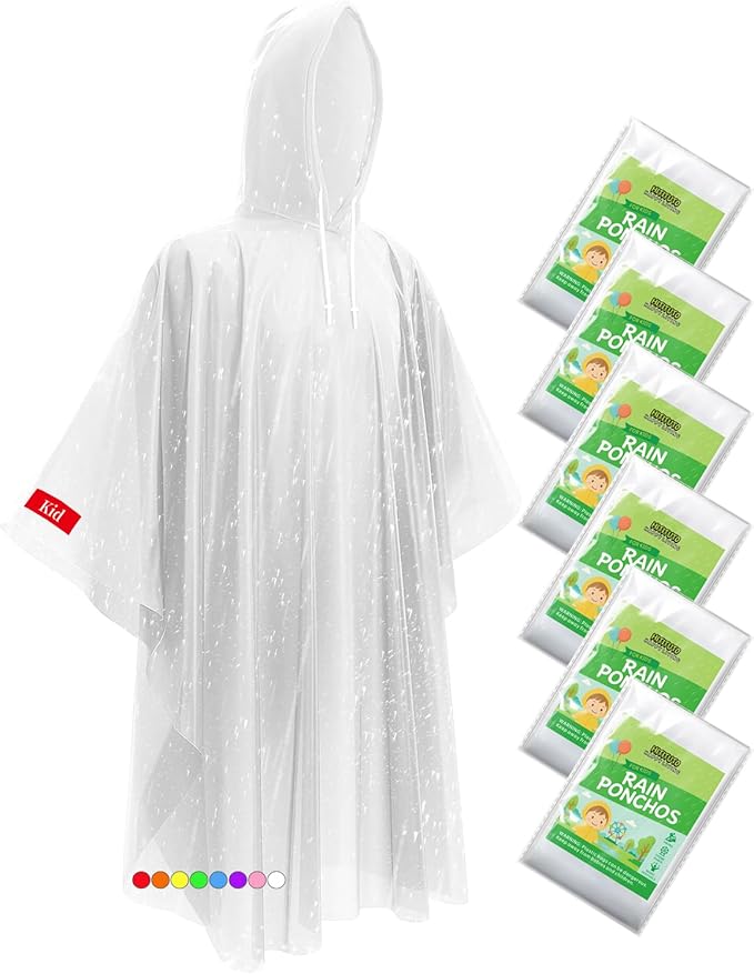 Hitituto Rain Ponchos Family Pack Kids– 6/12/24 Pack Disposable Poncho with Hood, Clear & Assorted Colors, Home Survival Kits