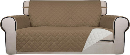 PureFit Reversible Quilted Sofa Cover, Water Resistant Slipcover Furniture Protector, Washable Couch Cover with Non Slip and Elastic Straps for Kids, Dogs, Pets (Oversized Loveseat, Camel/Ivory)