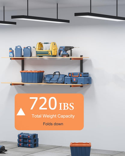 Lumber Storage Rack Wall-Mounted Lumber Racks Heavy Duty Wood Storage Rack with 6-Level Holds Up 720 LBS Sturdy Folding Garage Wood Organizer Orange Shelving Metal Shelf for Indoor & Outdoor- 4 Pack