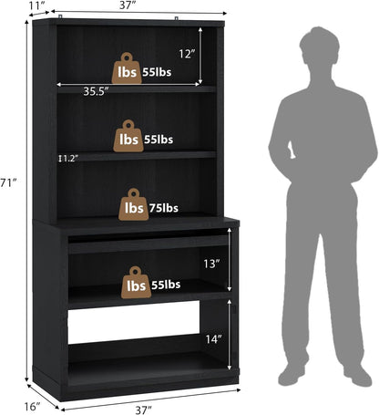 Rresyet 5 Tier Bookcase with Flip-Flop Design, 71" x 37" x 16" Wooden Book Shelf, Extra Bookshelf Storage Organizer, Display Standing Shelf Unit for Home Office, Living Room, Study Room (Black