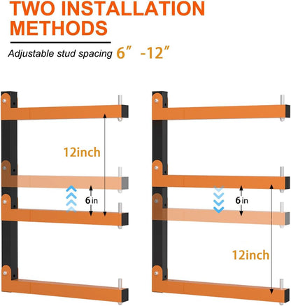 Lumber Storage Rack Wall-Mounted Lumber Racks Heavy Duty Wood Storage Rack with 9-Level Holds Up 1080 LB Sturdy Folding Garage Wood Organizer Orange Shelving Metal Shelf for Indoor & Outdoor- 6 Pack