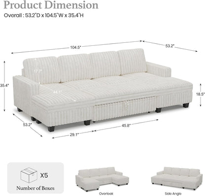 Belffin Modular Sectional Sleeper Sofa with Pull Out Couch Bed Corduroy Double Chaise with Storage White Couch