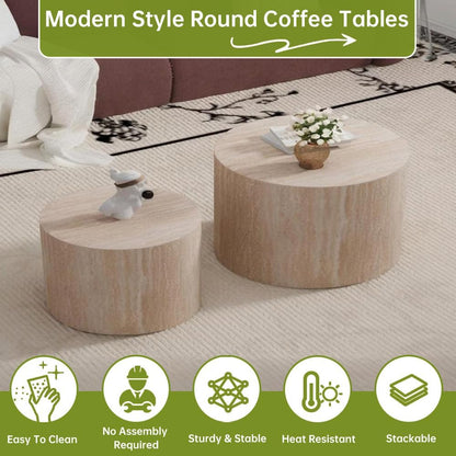 Round Nesting Coffee Tables Modern Travertine Coffee Table Small Round Coffee Tables Circular Side Table Accent End Table Nested Coffee Table Set for Living Room (Travertine Large)