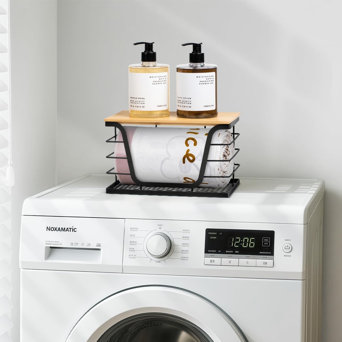 Wetheny Trash Bag Holder with Bamboo Top and Mesh Bottom, Stackable Garbage Bag Holder Dispenser Under Sink, Wall Mounted Storage for Kitchen Laundry Organizers, Black