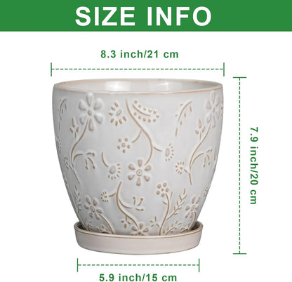 8 Inch Ceramic Pots for Plants Large Planter Pot with Drainage Hole and Saucer Round Flower Pot for Indoor Outdoor Decor, White