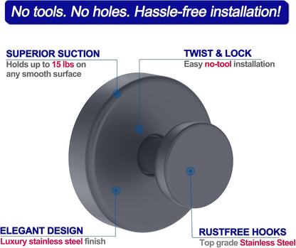 Suction Cup Hooks for Shower, Removable Towel Hooks for Bathroom Window Glass Door Wall, Bath Robe Looafh Hook for Hanging - 2 Pack, Grey