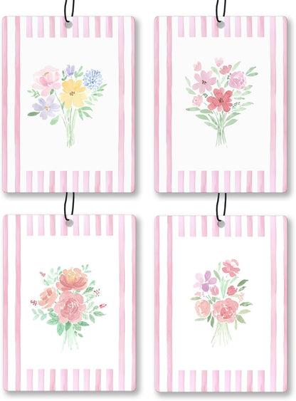 Girly Pink Floral Car Air Freshener 4 Pcs, Preppy Pink Striped Flower Hanging Scents Air Freshener for Women Girls Gifts, Cute Aesthetic Scented Car Accessories Decor for Room Closet Drawer